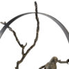 Bird sculpture made from hand wrought iron and a bronze finish on top of a natural black stone base