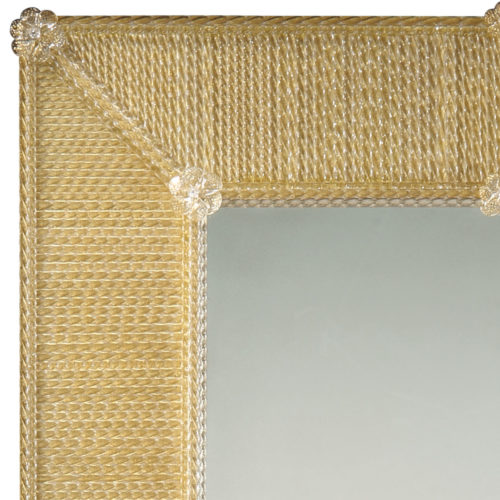 Rectangular Venetian Style Murano Glass Mirror In A Frame Made Of Clear And Gold Glass Ribbons With Lightly Antiqued Center Glass.