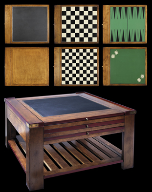 Square game table in antique French finish with luxurious distressed black accents. Game table has 3 double-sided pull-out game boards: chess checkers backgammon dice faux leather and wood