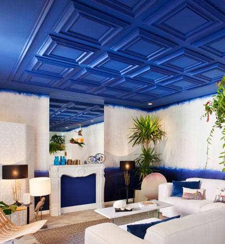 Contemporary living room with blue paneled ceiling; creative ceiling design ideas; modern interiors inspiration