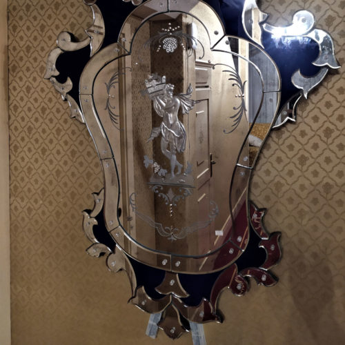 Hand-etched Vinyard Theme Venetian Mirror with Blue highlights
